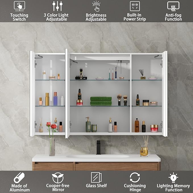 DEYGIA LED Medicine Cabinet with Mirror for Bathroom, Assembly-Free Lighted Medicine Cabinet, Defog, Stepless Dimming, 3 Colors, 2 Outlets, 2USB, Aluminum Wall Mounted Mirrored Cabinets, 40”Wx24“H