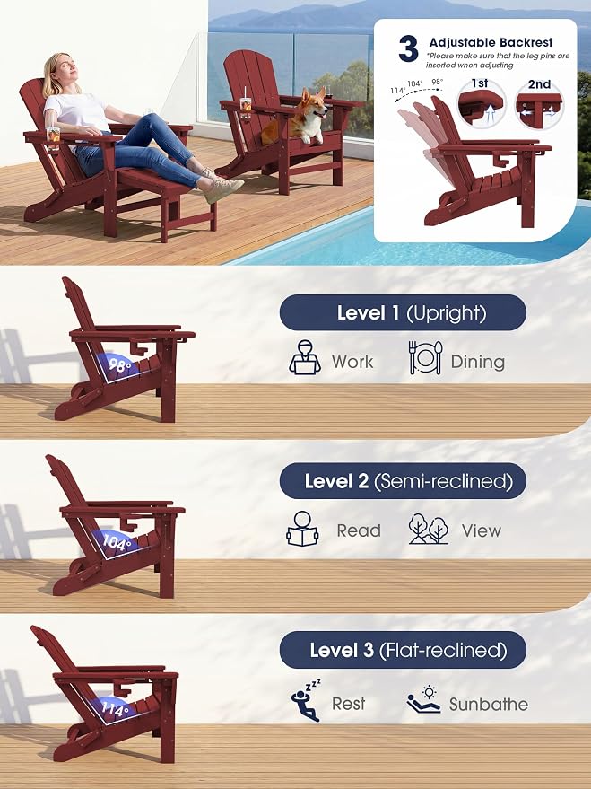 KINGYES Folding Adjustable Adirondack Chair with Ottoman & 2 Cup Holders, HDPE Reclining Adirondack Chair with Footrest, Red