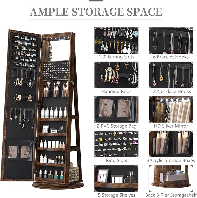 LVSOMT Mirror Jewelry Cabinet Standing, 360° Swivel Jewelry Armoire with 6 LED Lights and Interior Mirror, Full Length Mirror with Storage, Standing Lockable Jewelry Organizer, Retro Brown