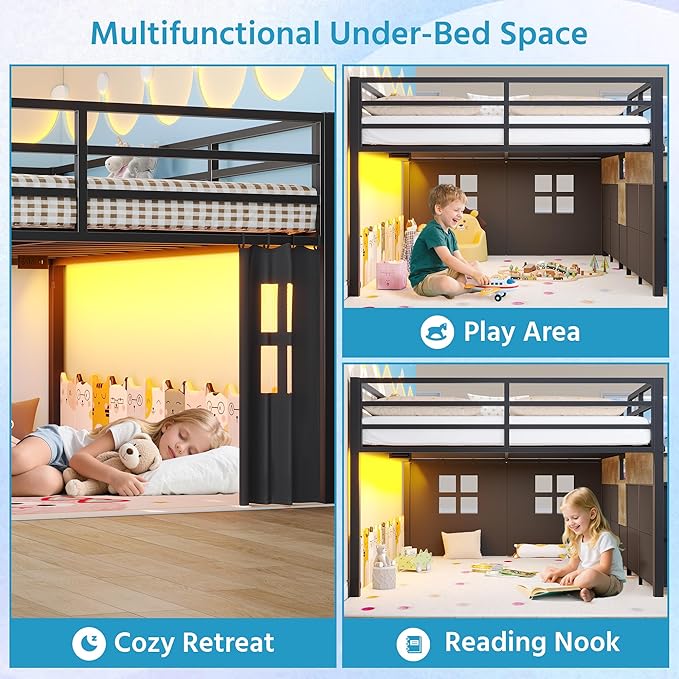 Dnxao Low Loft Bed Full Size with 9 Drawers and 2 Bookcases, Bed Frame for Kids with Charging Station & LED Lights, 15" H Safety Guardrail Metal, Under-Bed Play Space, Vintage Brown