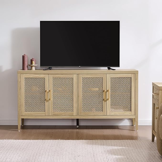 SICOTAS TV Stands for Living Room - Modern TV Console with 4 Doors Cabinet, 59" Television Stands Farmhouse Entertainment Center Media Console Credenza for 45 50 55 60 65 Inch TVs, Light Walnut