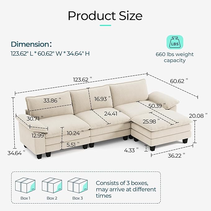 LINSY HOME 123" Modular L-Shaped Sectional Sofa, 3-Seat Corduroy Modern Cloud Couch with Deep Seat & 1 Movable Ottoman, Perfect for Living Room, Office, Bedroom, Beige