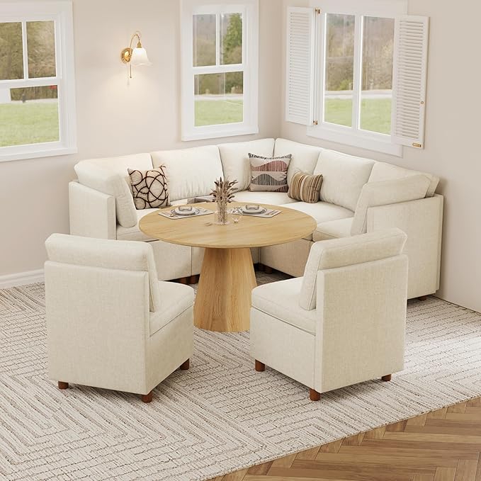 SITJOY Breakfast Nook Bench with Storage, Modular Corner Kitchen Banquette Seating, Dining Settee Couch, Upholstered Dining Bench with Back, Soft-to-Touch Fabric in Beige, 7-Seat L Shaped Booth