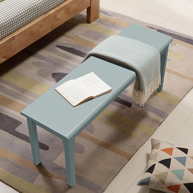 Dining Bench Wood Solid Oak Wooden Bed End＆Entryway Bench for Bedroom Living Room Kitchen(Blue)