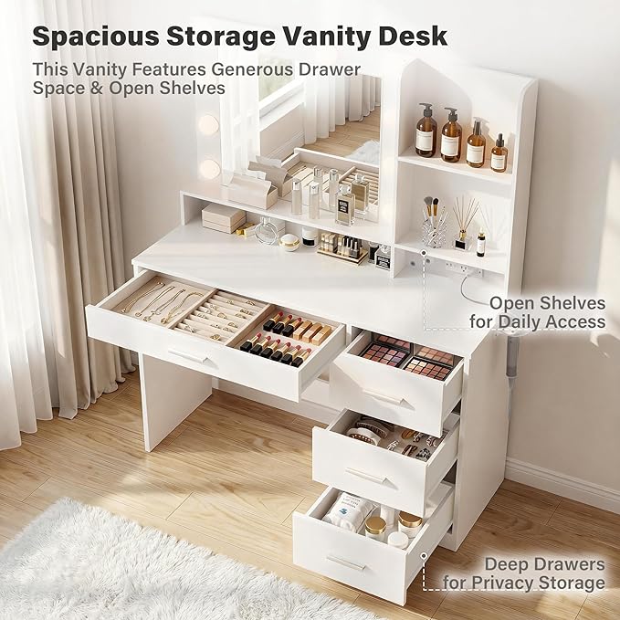 YESHOMY 39" Vanity Desk with Mirror & Lights, Makeup Vanity Table with Power Outlet & Storage Drawers, 3 Color LED Lighting, Dressing Table for Bedroom,Snow White