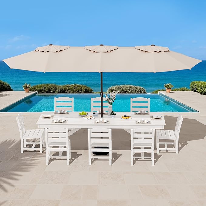 SERWALL 9 Piece Outdoor Dining Set, 84" HDPE Outdoor Table and Armless Chairs Set for 8，All Weather Patio Furniture Set with Umbrella Hole for Backyard, Garden, White