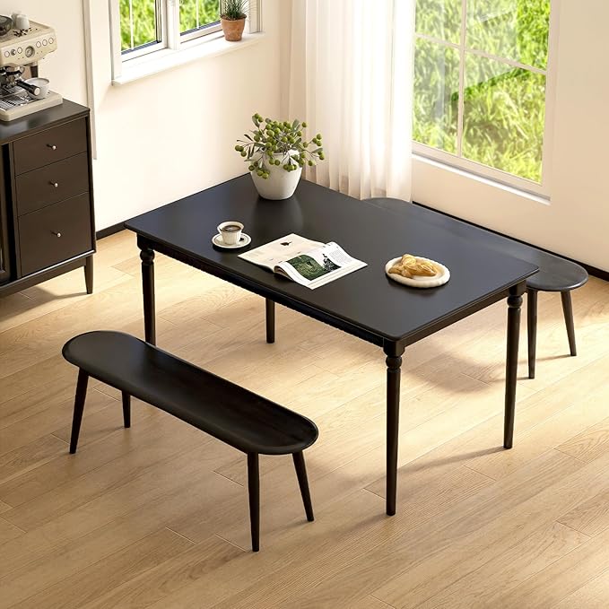 47'' 100% Solid Oak Wood Dining Bench,Rounded Corner Baguette Shape Chair Surface Design,Entryway Bedroom Bed End Bench (47.3inch, Black)