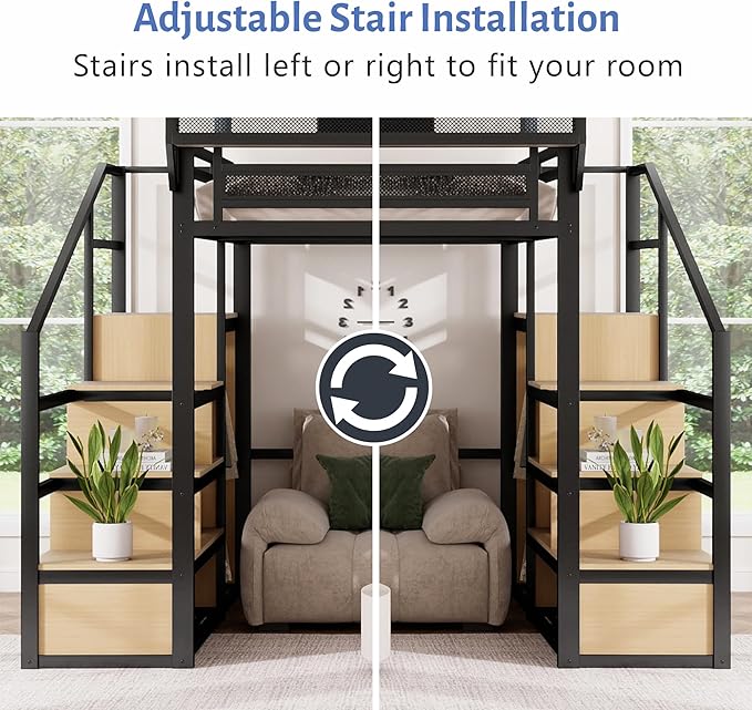 Mirightone Queen Size Loft Bed with Stairs and Storage, Metal Loft Bed Frame with Bedside Shelf and Large Under-Bed Space, Heavy-Duty Bed for Adults Teens and Kids, Convertible Staircase, Black