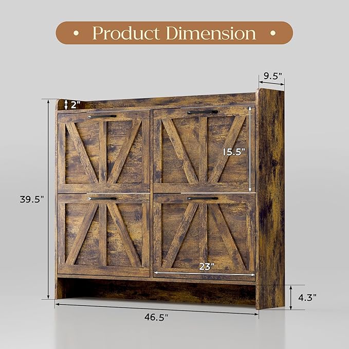 MU Shoe Storage Cabinet with 4 Flip Drawers, Freestanding Shoe Cabinet, Shoe Organizer with Wood Legs for Entryway, Slim Shoe Cabinet, Rustic