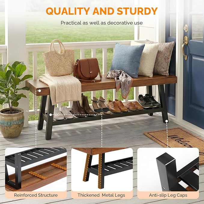VINGLI 63in Storage Bench, Solid Wood Seat with Iron Storage Shelf, Weather Resistant High Capacity Indoor Outdoor Dining Benches, Sturdy Shoe Rack Bench for Entryway Mudroom Porch