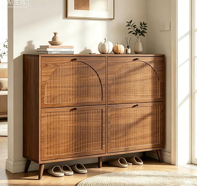 Fsbecl Shoe Storage Cabinet for Entryway with 4 Flip Drawers, Narrow Shoe Organizer with Fluted Panel, Freestanding Wood Hidden Shoe Cabinet (Walnut, 4 Flip Drawers)