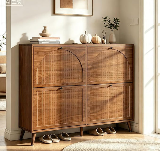 Fsbecl Shoe Storage Cabinet for Entryway with 4 Flip Drawers, Narrow Shoe Organizer with Fluted Panel, Freestanding Wood Hidden Shoe Cabinet (Walnut, 4 Flip Drawers)