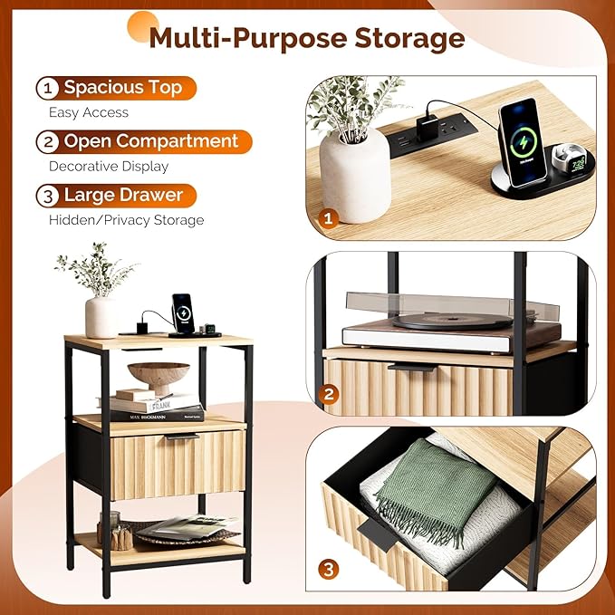 VINGLI Night Stand with Charging Station and Fabric Drawer, Fluted Nightstand with Drawer, Bed Side Table/End Table for Bedroom, Dorm, 14.96" W*11.81" D*23.7" H, 1 pc