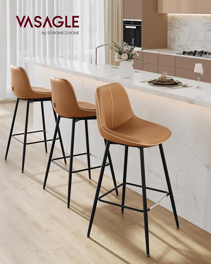 VASAGLE Bar Stools Set of 4, Bar Height Bar Stools with Back, Ergonomic Backrest, Synthetic Leather, Metal Legs, 28.5-Inch Tall Barstools for Kitchen Island Home Bar, Easy Assembly, Caramel Brown