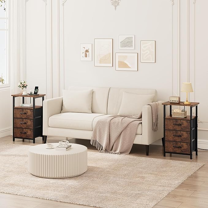 Vagusicc Nightstand with Charging Station, Bedside Table with USB Ports and Outlet, End Table Side Table with 3 Fabric Drawers and Storage Shelf, Bed Side Table Night Stand for Bedroom, Rustic Brown