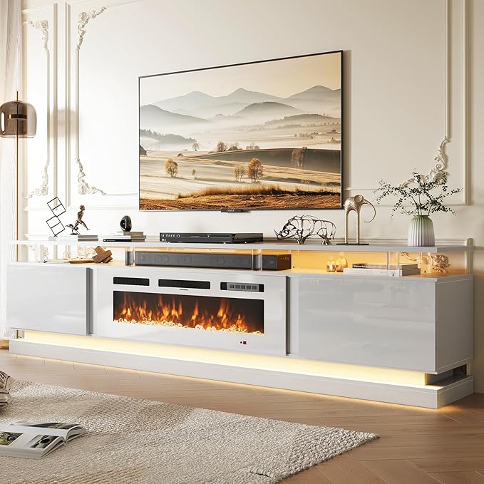 70 Inch Fireplace TV Stand, Modern Entertainment Center for TVs Up to 80”, TV Console with Storage Cabinets, Media Console for Living Room, White TV Stand and White Fireplace