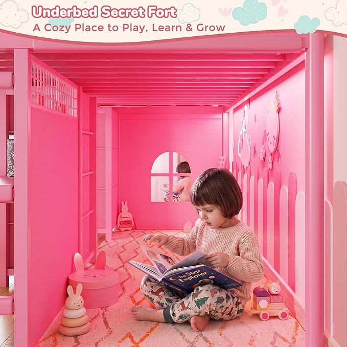 Twin Low Loft Bed with Desk, 7 Storage Drawers & LED Lights, Kids Metal Loft Bed with 12" H Safety Guardrail, Underbed Play Space & Curtain, Anti-Collision Pad (Pink)