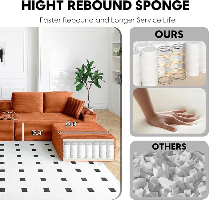 125 Inch Modular Sectional Sofa, Modern Oversized Corduroy Cloud Couch with 2 Ottomans, Cup Holders and USB Ports, U Shape Couch Boneless Couches for Living Room, No Assembly Required, Orange