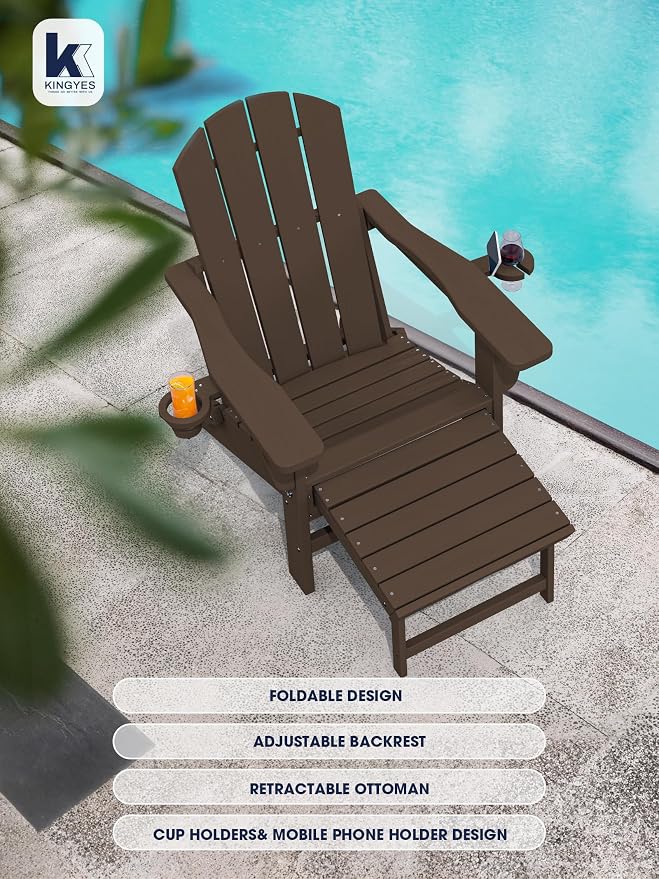 KINGYES Folding Adjustable Adirondack Chair with Ottoman Set of 4, HDPE Adirondack Recliner Chair with Footrest, Coffee