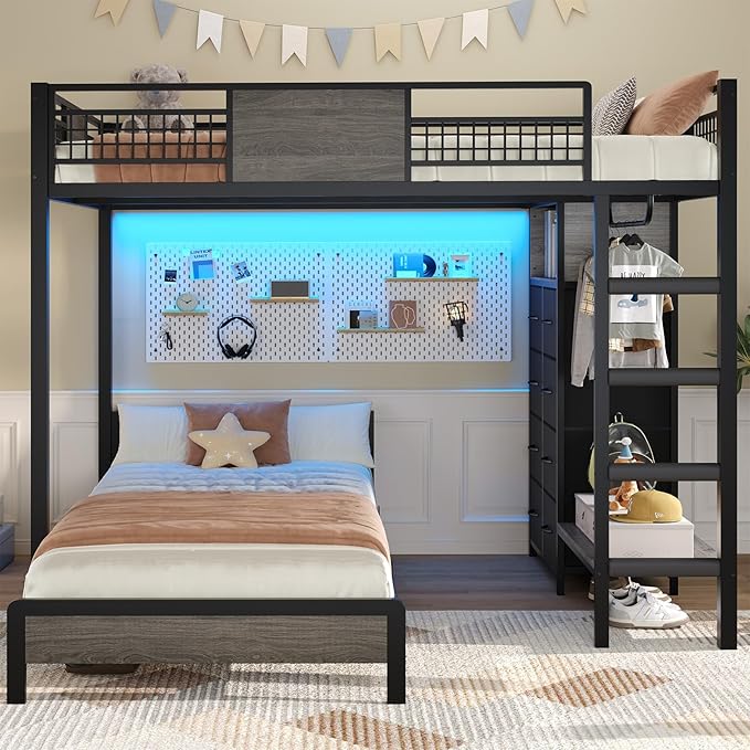 ADORNEVE Full Over Twin Bunk Bed with 8 Storage Drawers, Metal Loft Bed with Led Lights & Storage Shelves, Bunk Beds Twin Over Full Size with 13.4" H Safety Guardrail & Ladder, for Kids & Teens, Grey