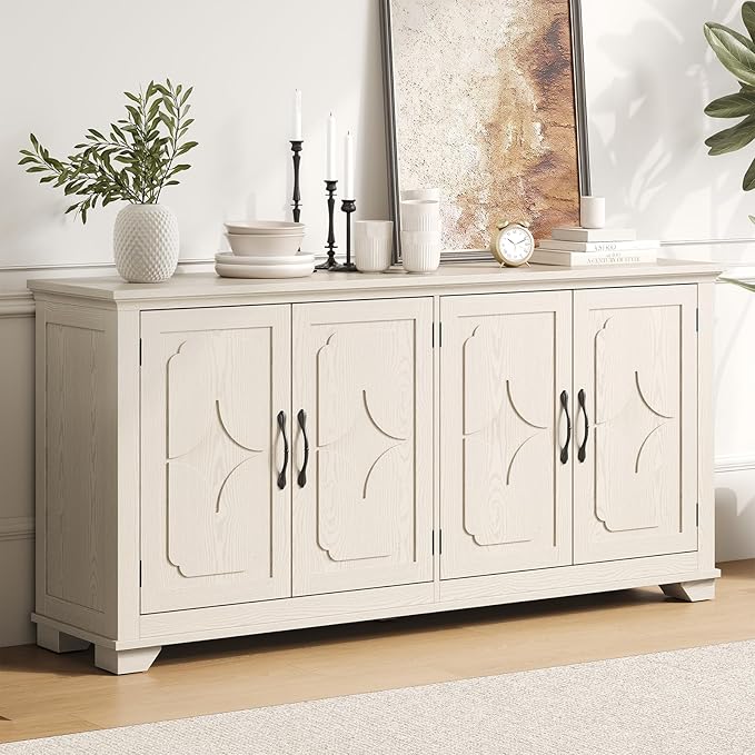 ONBRILL 63 Inch Buffet Cabinet with Storage, Large Sideboard Cabinet with 4 Carved Doors, Modern Credenza Storage Cabinets w/Adjustable Shelves for Kitchen, Living Room, Off White
