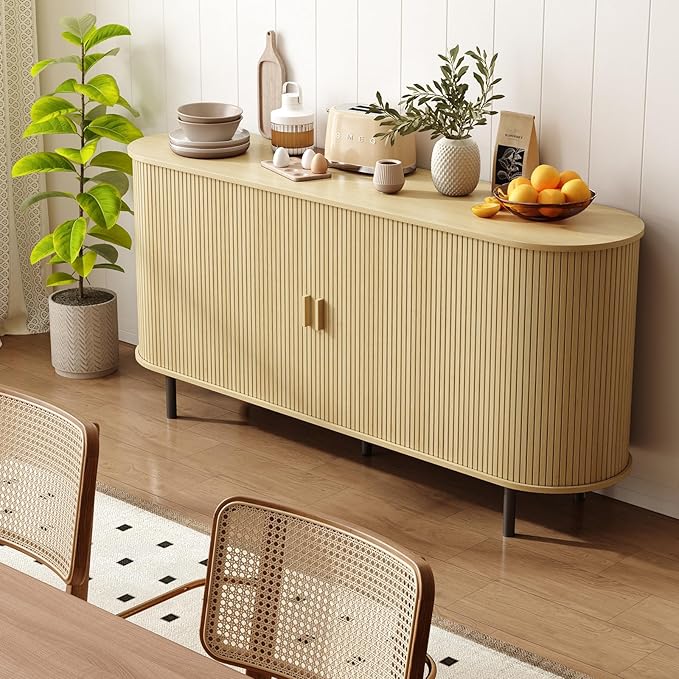 ONBRILL 63" Sideboard Buffet Cabinet with Storage, Storage Cabinet with Sliding Door & Adjustable Shelf, Modern Accent Coffee Bar Console Table for Kitchen, Entryway, Oak