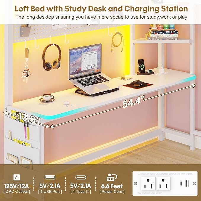 BYSAUD Full Size Loft Bed, Loft Bed with Desk, Full Loft Bed, 6 Storage Drawers & 4 Storage Shelves & 2 Storage Bags, LED Lights & Charging Station, Safety Guard & Ladder, Noise Free, White
