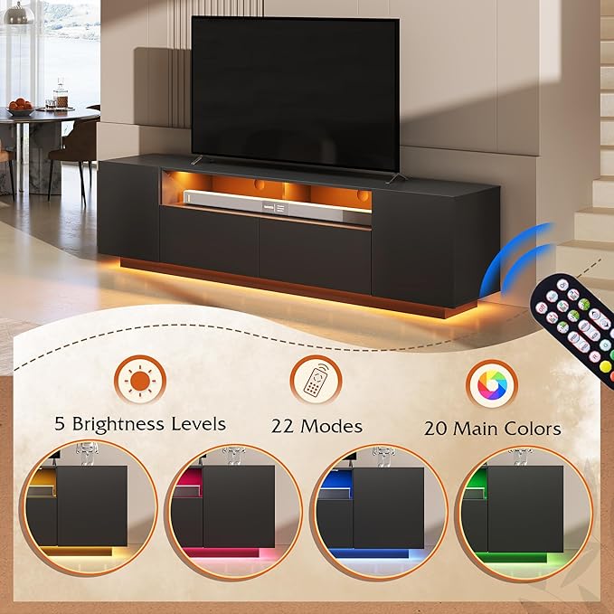 WLIVE LED TV Stand with Large Storage Cabinet, Modern Entertainment Center for 55/60/65/70/75 Inch TVs, Sturdy TV Console for Living Room, Bedroom,Rec Room(Black)