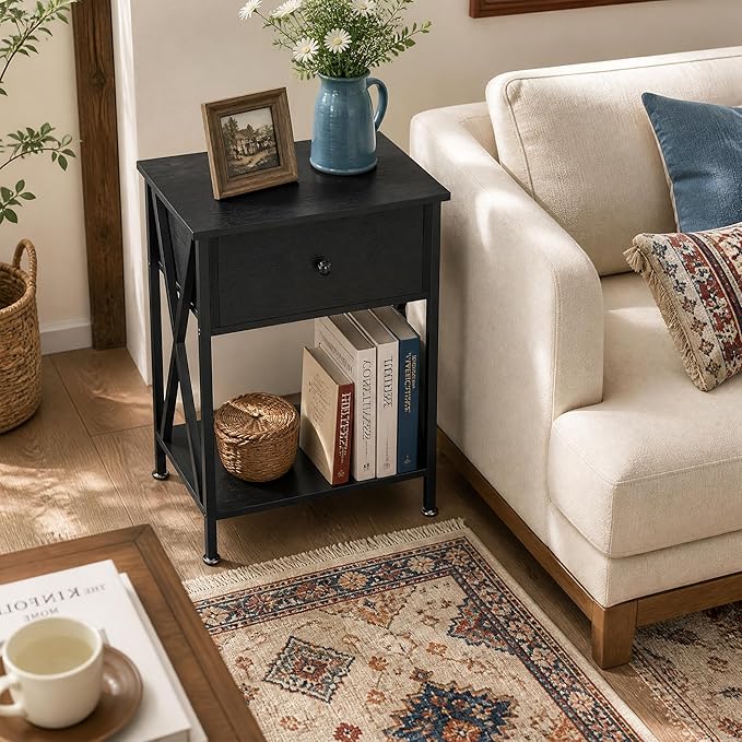 VECELO Nightstands Set of 2, Modern Bedside End Tables, Night Stands with Drawer and Storage Shelf for Living Room Bedroom, Industrial Metal Frame