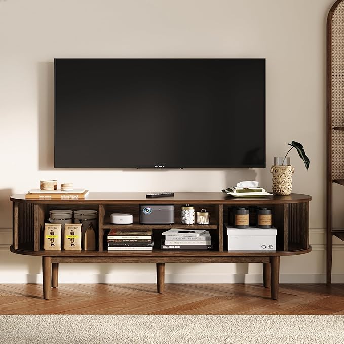 LINSY HOME 58" Fluted TV Stand for TVs up to 65 Inch, Mid Century Modern Entertainment Center with Storage Cabinet and Sliding Doors, Farmhouse Wood Media TV Console for Living Room, Bedroom, Walnut