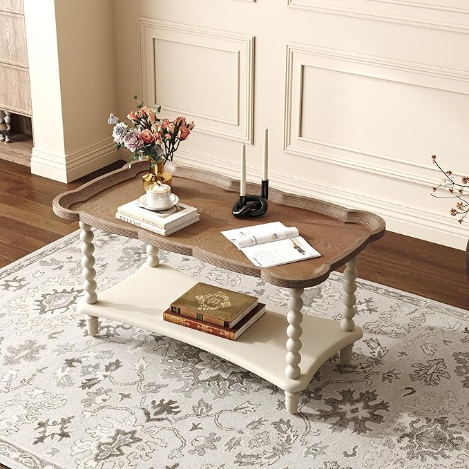 Function Home Farmhouse Coffee Table, 2-Tier Center Table with Storage Shelf, 39.8" French Country Rectangle Accent Table with Natural Tray Top and Spindle Legs for Living Room Balcony, Antique White