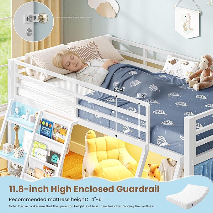 MSmask Low Loft Bed with 7 Storage Drawers & Reading Nook, Kids Twin Loft Bed with Bookshelf, LED Lights & Safety Guardrail, Loft Bed Twin Size with 35.8''H Play Space, Inclined Ladder, White & Blue