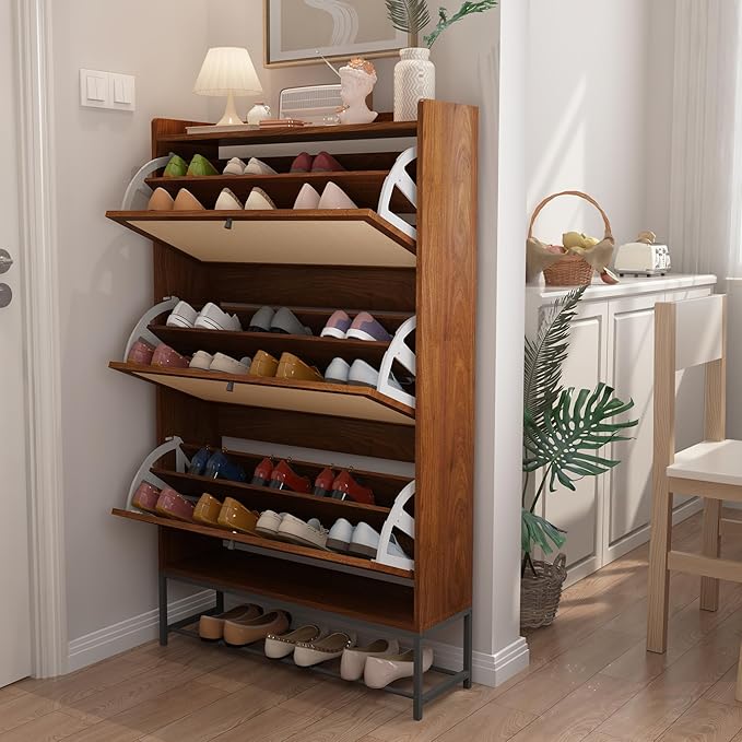 AVZEAR Narrow Shoe Storage Cabinet with 3 Flip Drawers, Freestanding Wooden Closed Shoe Rack, Slim Cabinet Storage for Entryway, Hallway, Living Room (Walnut)
