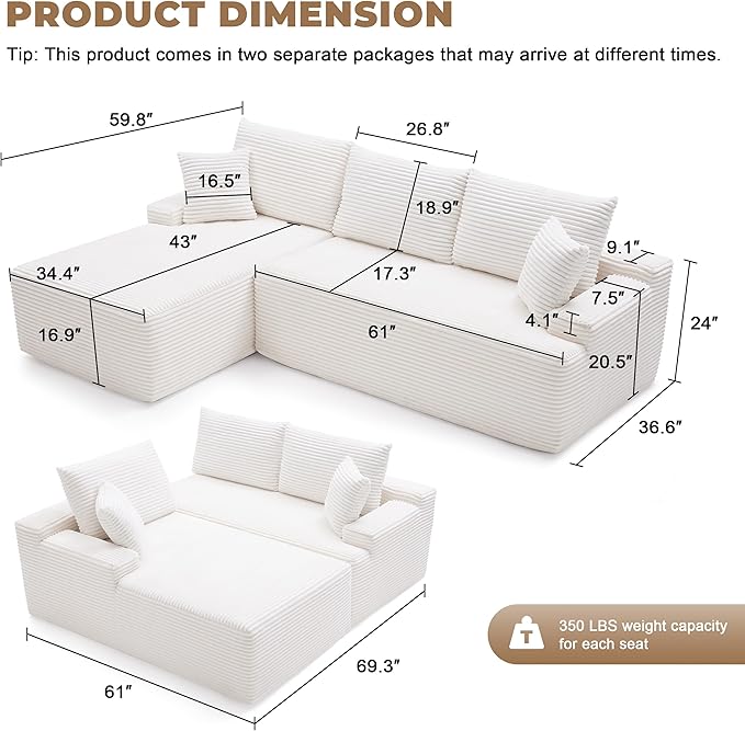 Mangodan Cloud Sectional Sofa, Boneless Couch for Living Room, Modular Sectional Sofa with Deep Seat, Fluffy Comfy Couch with L-Shaped Chaise, No Assembly Required, Beige
