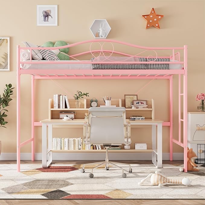 IDEALHOUSE Loft Bed Twin Size with Ladder & Full Safety Guardrail, Heavy Duty Metal Twin Loft Bed 400 Lbs Load Capacity, Space-Saving, Noise Free, No Box Spring Needed, Easy Assembly, Pink