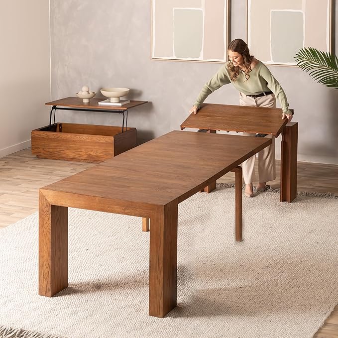 Transformer Table - Solid Wood Extendable Dining Table, Seats 2-12, Expandable Dining Room Table, Space-Saving Furniture, Kitchen and Dining Room Furniture (Brown, Table + Coffee Table)