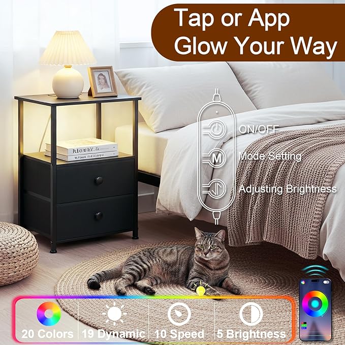 LOAKEKEL Night Stand Set 2, LED Nightstand with Charging Station, End Tables with Storage Shelf, Bed Side Table with 2 Fabric Drawers for Bedroom, Small Spaces, Black, HETS02BK