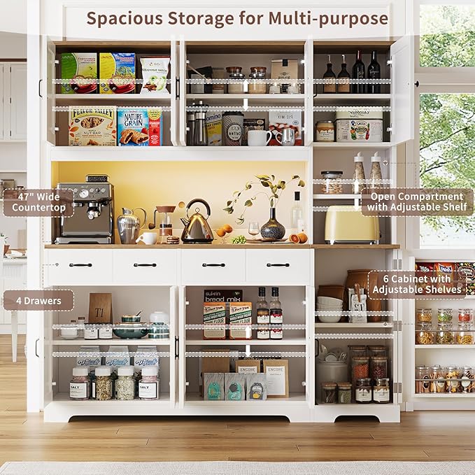 71" Tall Kitchen Pantry with LED Lights & Charging Station, Farmhouse Storage Cabinet with 4 Drawers & 6 Cabinets, Modern Kitchen Hutch for Dining Room with Adjustable Shelves, White