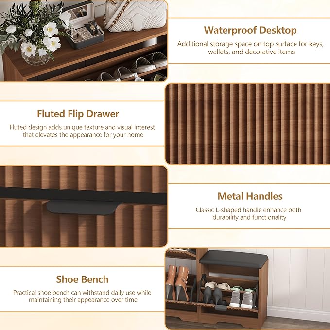 HUANLEGO Shoe Cabinet Storage for Entryway with 4 Flip Drawers, Walnut Fluted Shoe Cabinet with Bench, Wooden Hidden Shoe Rack Freestanding Narrow Slim Shoes Storage Organizer for Hallway, Entrance