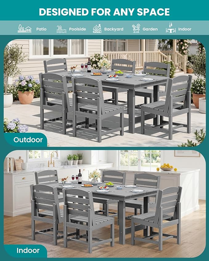 SERWALL Patio Dining Sets for 6 Person, HDPE Dining Set with 6 Armless Chairs, Light Gray