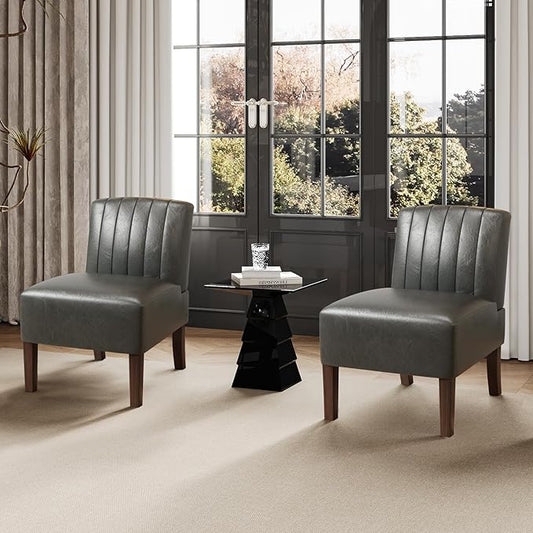 VIRRMO Armless Accent Chairs Set of 2 Upholstered Dining Chairs Living Room Chairs with Solid Wood Legs Bedroom Chair Leather Reading Chair Comfy Chair for Bedroom Vanity Kitchen (Grey)