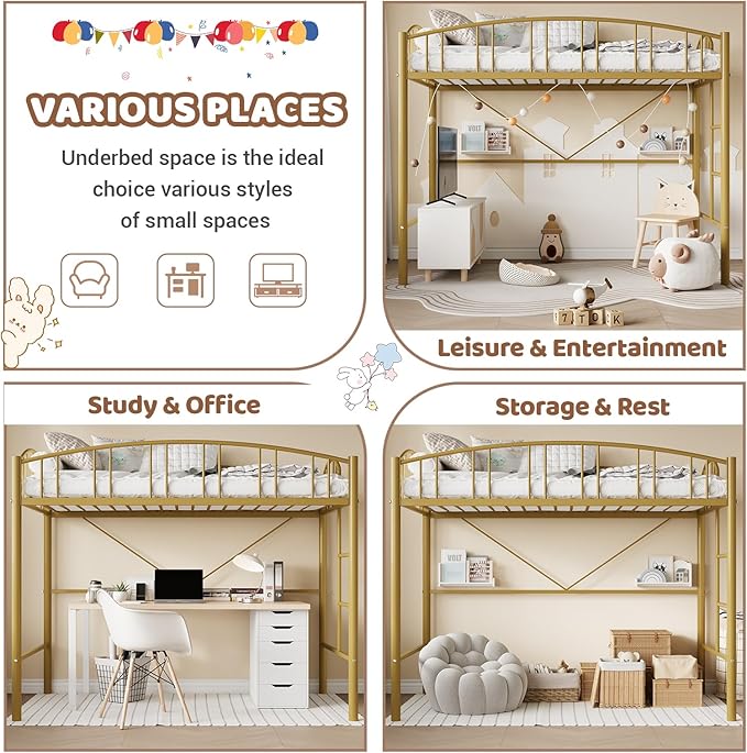 GarveeHome Loft Bed Twin Size, Heavy Duty Metal Loft Bed Frame with Arched Guardrail and Safety Ladder, Space-Saving, No Box Spring Needed, Modern Gold