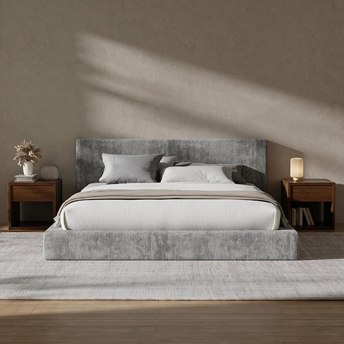 RECCI AirFrame King Size Bed Frame with Headboard, Cloud Upholstered Platform Bed Frame, 5 Inch Foam Cushioned, No Box Spring, Easy Assembly(Moon Grey)