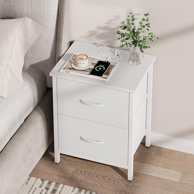 Vagusicc Nightstand with Charging Station, Bedside Table with USB Ports and Outlet, End Table Side Table with 2 Fabric Drawers for Bedroom, Living Room, White