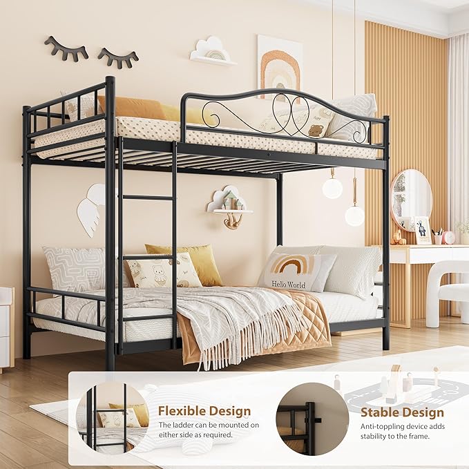 IDEALHOUSE Bunk Bed Twin Over Twin with Ladder & Full Safety Guardrail, Heavy Duty Metal Twin Over Twin Bunk Bed 400 Lbs Load Capacity, Space-Saving, Noise Free, No Box Spring Needed, Easy Assembly, B