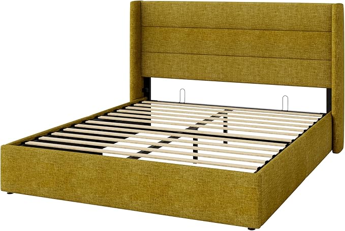 Allewie Full Size Lift Up Storage Bed, Modern Wingback Headboard, Hydraulic Support, No Box Spring Needed, Olive Yellow