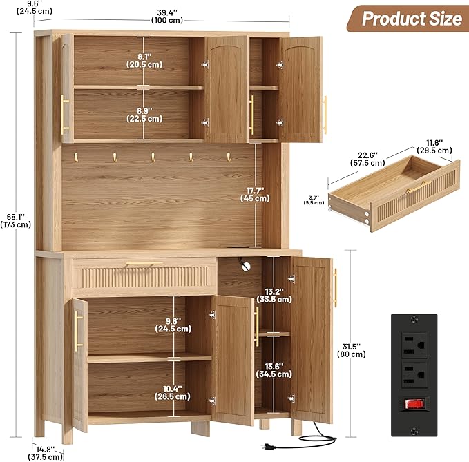Fluted Kitchen Pantry Storage Cabinet with Charging Station, Coffee Bar Cabinet with Drawer & Adjustble Shelves, Tall Kitchen Hutch Cabinet with Microwave Stand, for Dining Room, Natural Oak