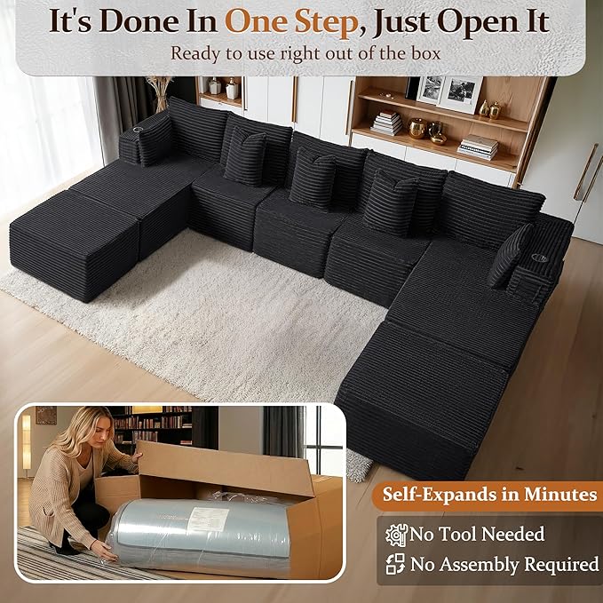 168" Cloud Sectional Couch, Comfort U Shaped Sofa for Living Room, Extra Deep Seats No Assembly, Minimalist Modular Couch, Corduroy (Black, 9 Seats,U-Shape B)