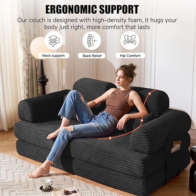 78.8" Convertible Sofa Bed with High Backrest Headrest, 5-in-1 Corduroy Boneless Couch with Side Pocket, Sleeper Loveseat Couch Bed Sectional Couches for Living Room, No Assembly, Black