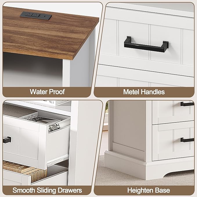 ChooChoo Farmhouse Night Stands with Charging Station, Wood Nightstand Set of 2 with 2 Drawers, Bedside Table with Open Storage Shelf for Bedroom, White